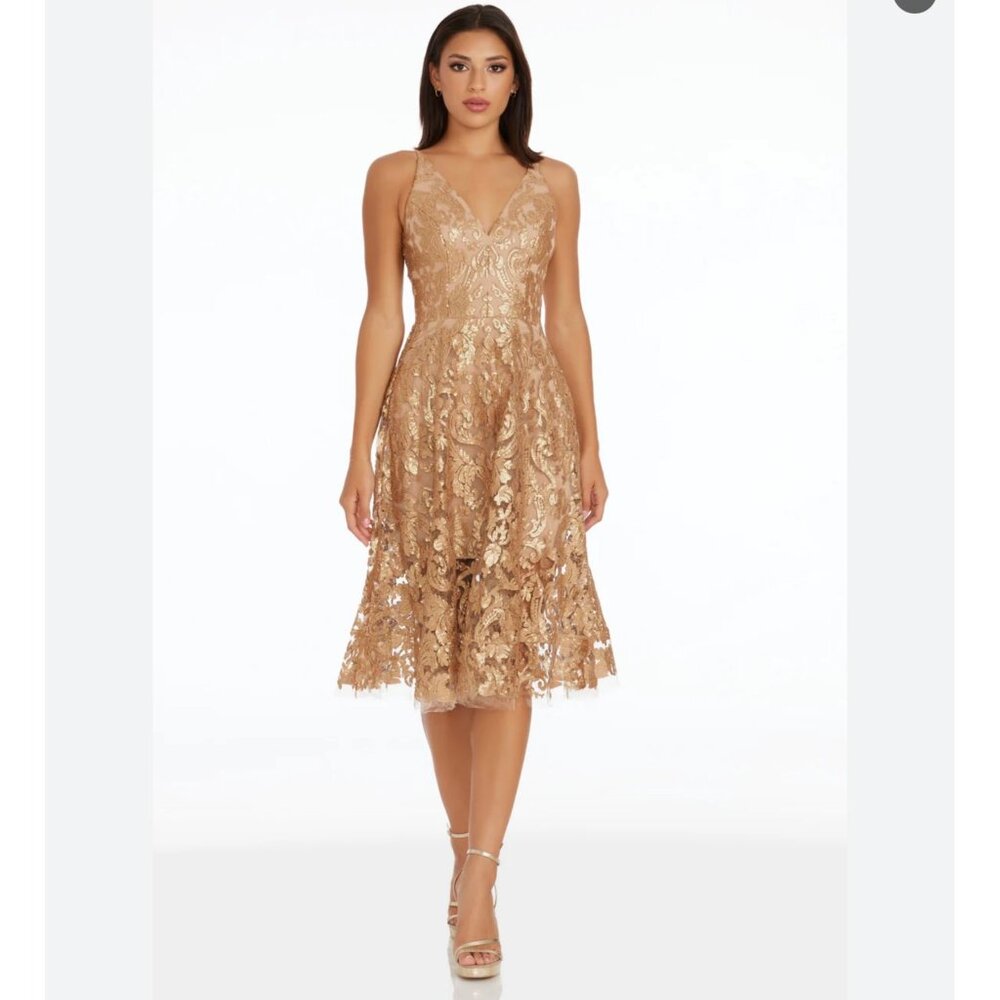 Dress the Population Metallic Gold Midi Dress